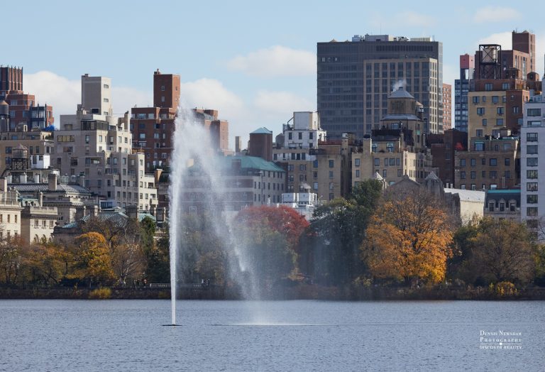View of Central Park across the Jacqueline Kennedy Onassis Reservoir In Central Park with Fall Colors