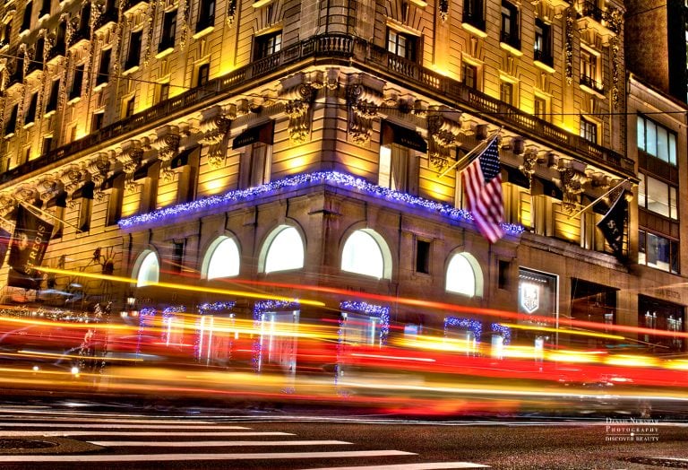 NYC Holiday Wildlife Photography and the Gift of a Moment featuring a photo of New York City Fifth Ave at Night at the Holiday times Long exposure