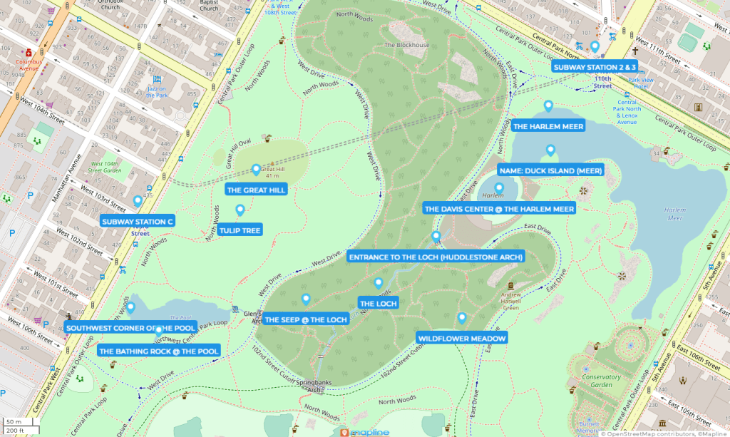 Map of Central Park, NYC showing locations from Blog Dennis Newsham